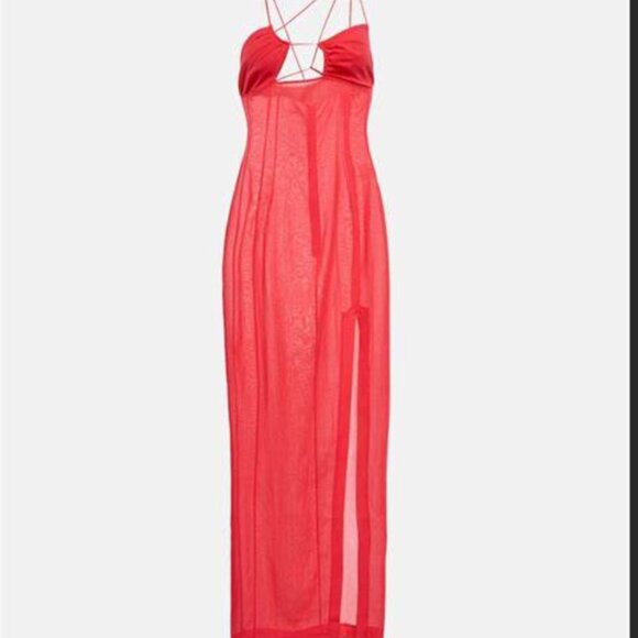 Nensi Dojaka Fuschia Asymmetric Neck Strap Maxi Thigh High Slit Slip Dress M NEW - Picture 2 of 15